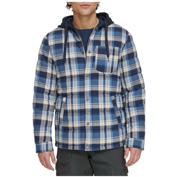 Levi's Men's Quilted Plaid Puffer Hooded‎ Shacket Blue Plaid Medium